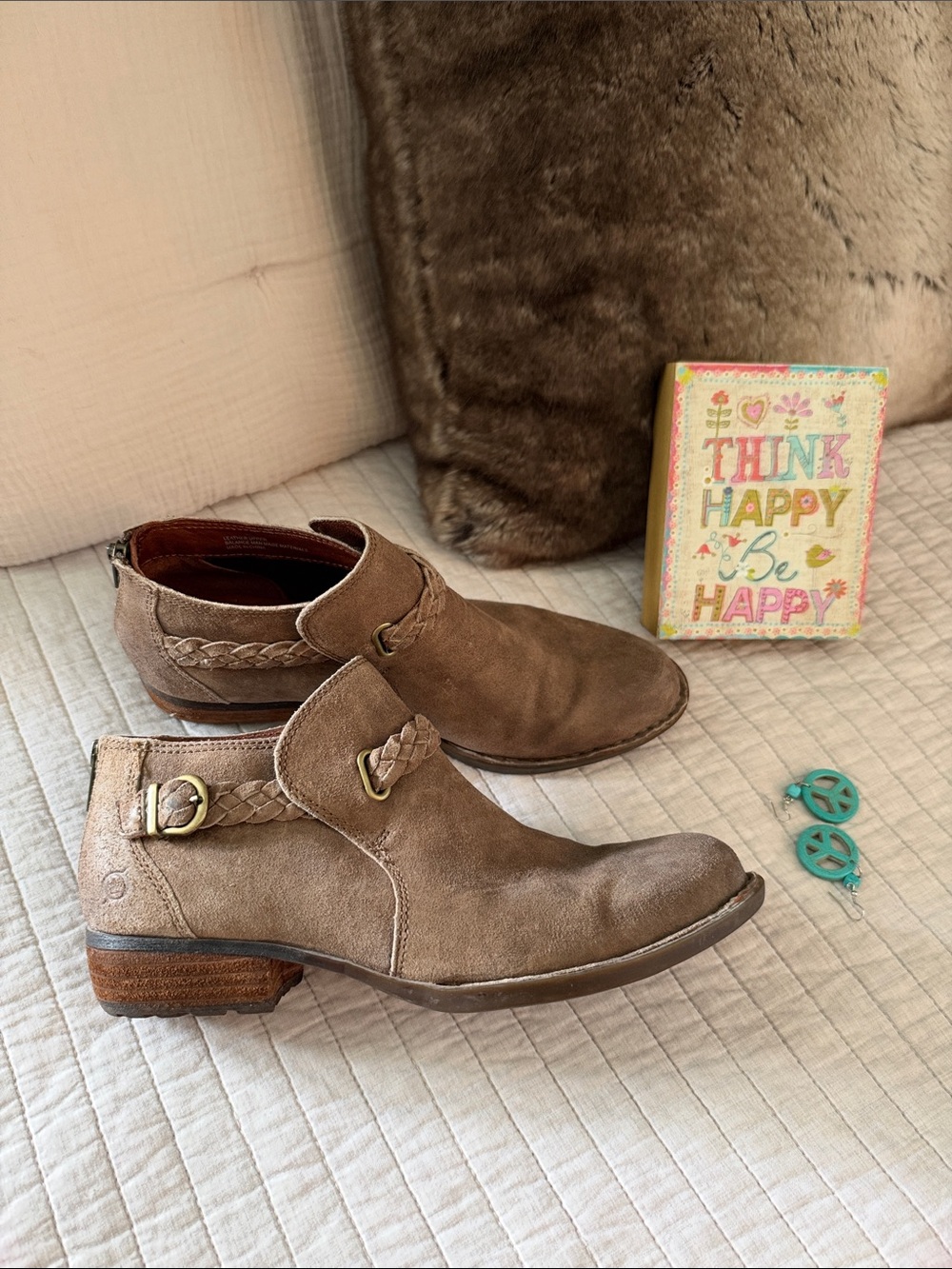 Born Sylvia brown western suede boho braided buckle, low heel bootie 9.5